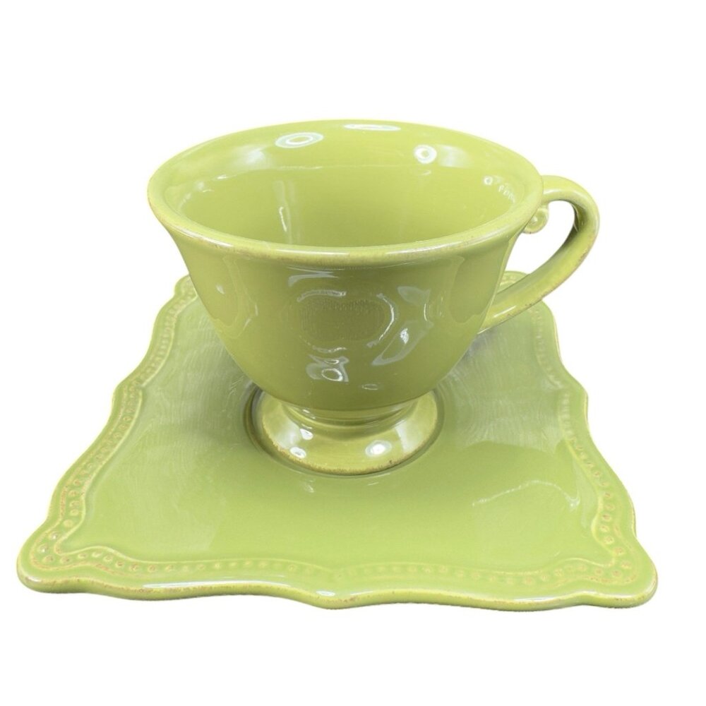 Pierre Deux Teacup And Saucer Set Ceramic Made In Portugal Cup Plate Set Green‎